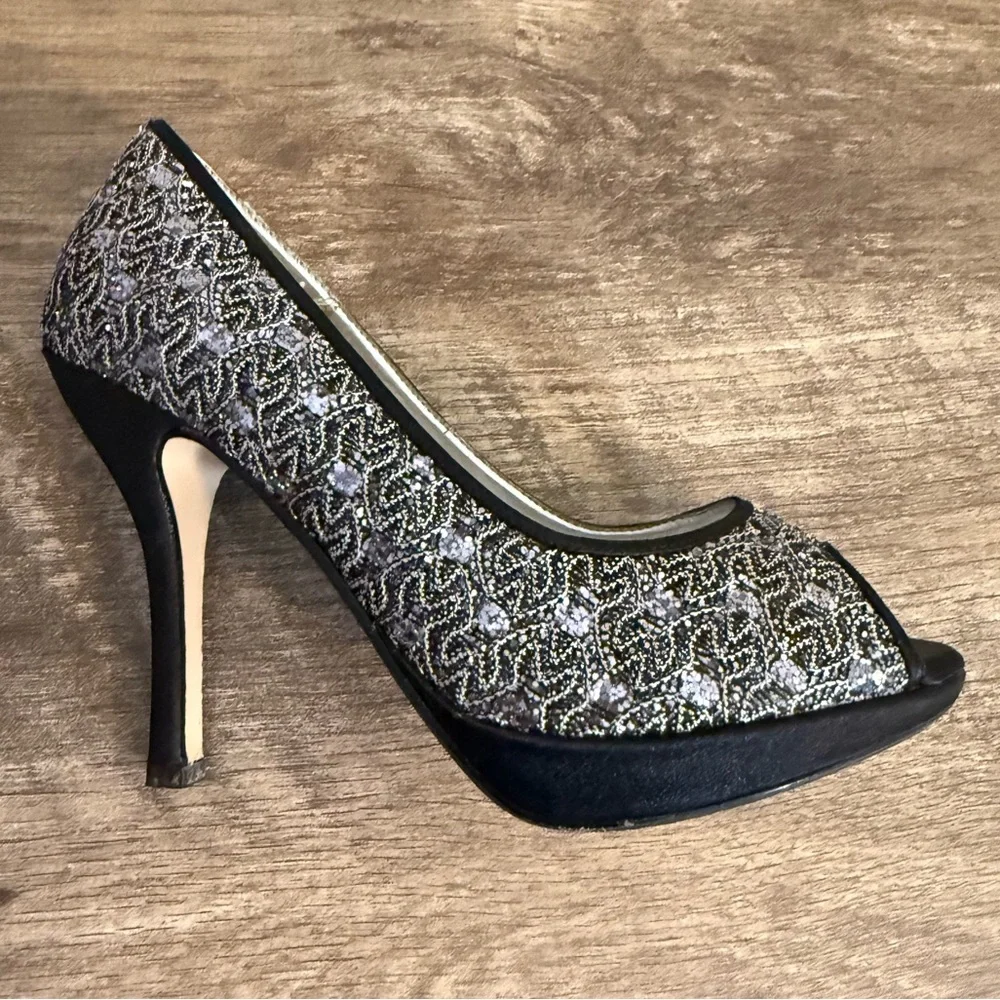 Caparros Peep Toe Formal Platform High Heels Shoes Silver Black Sparkle Size 6
